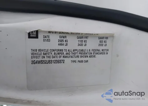 2003 Buick Century Custom z USA, uszkodzony, nr VIN 2G4WS52J831239372